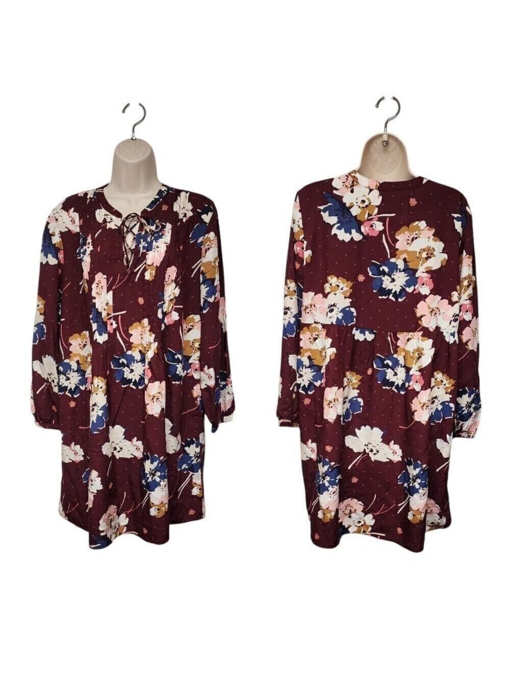 Old Navy Woman's Notched V-Neck Multi-Burgundy Floral Dress 3/4 Sleeve Size Lg